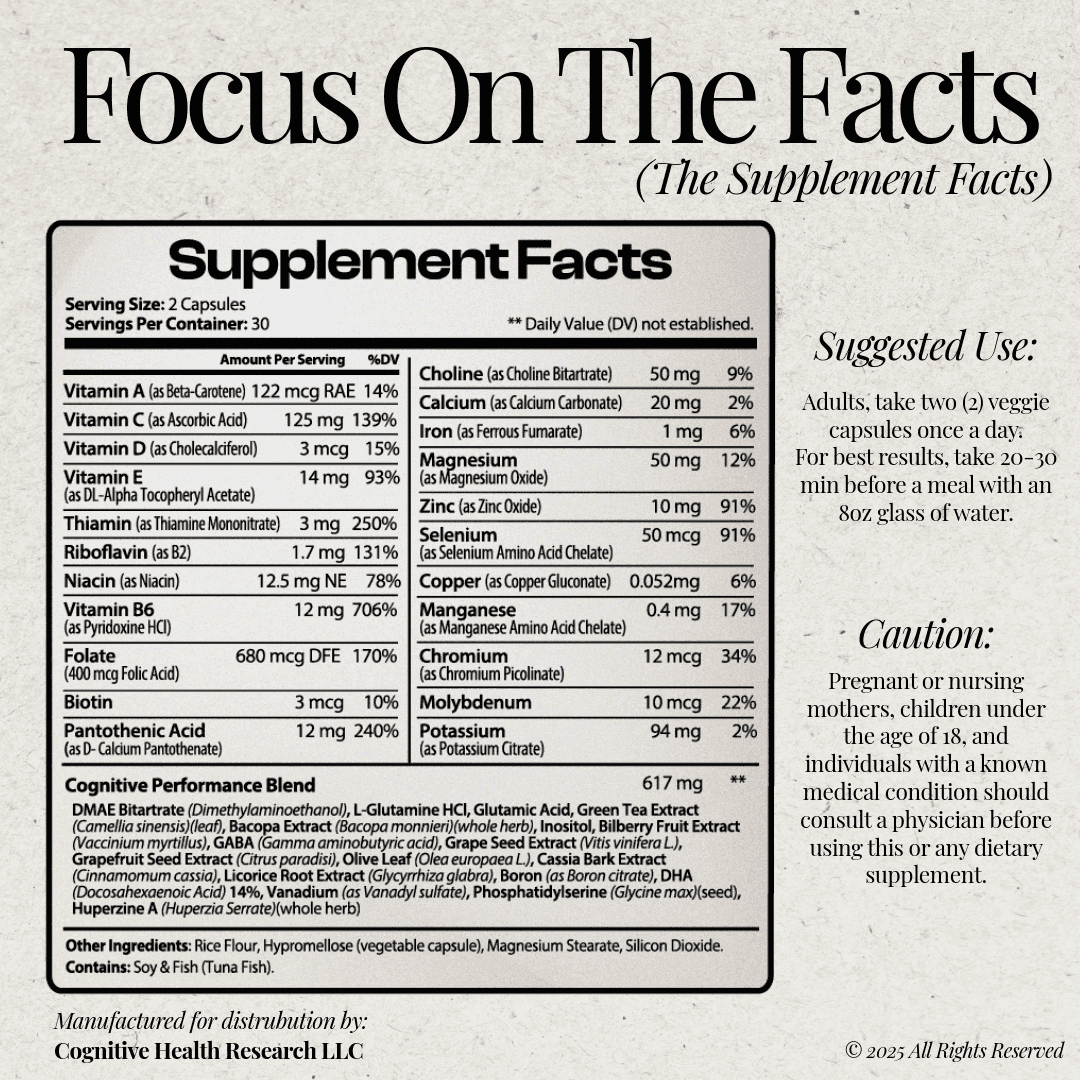 Quantum Focus by Cognitiv+ supplement facts label with dosage instructions and detailed nutrient breakdown for brain health and cognitive function support.