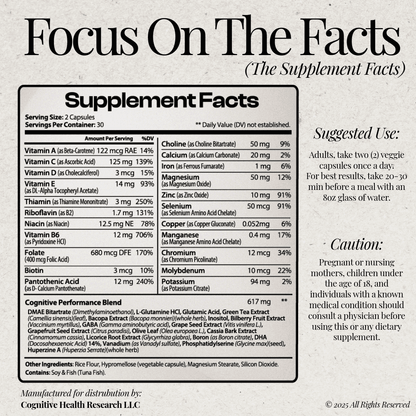Quantum Focus by Cognitiv+ supplement facts label with dosage instructions and detailed nutrient breakdown for brain health and cognitive function support.