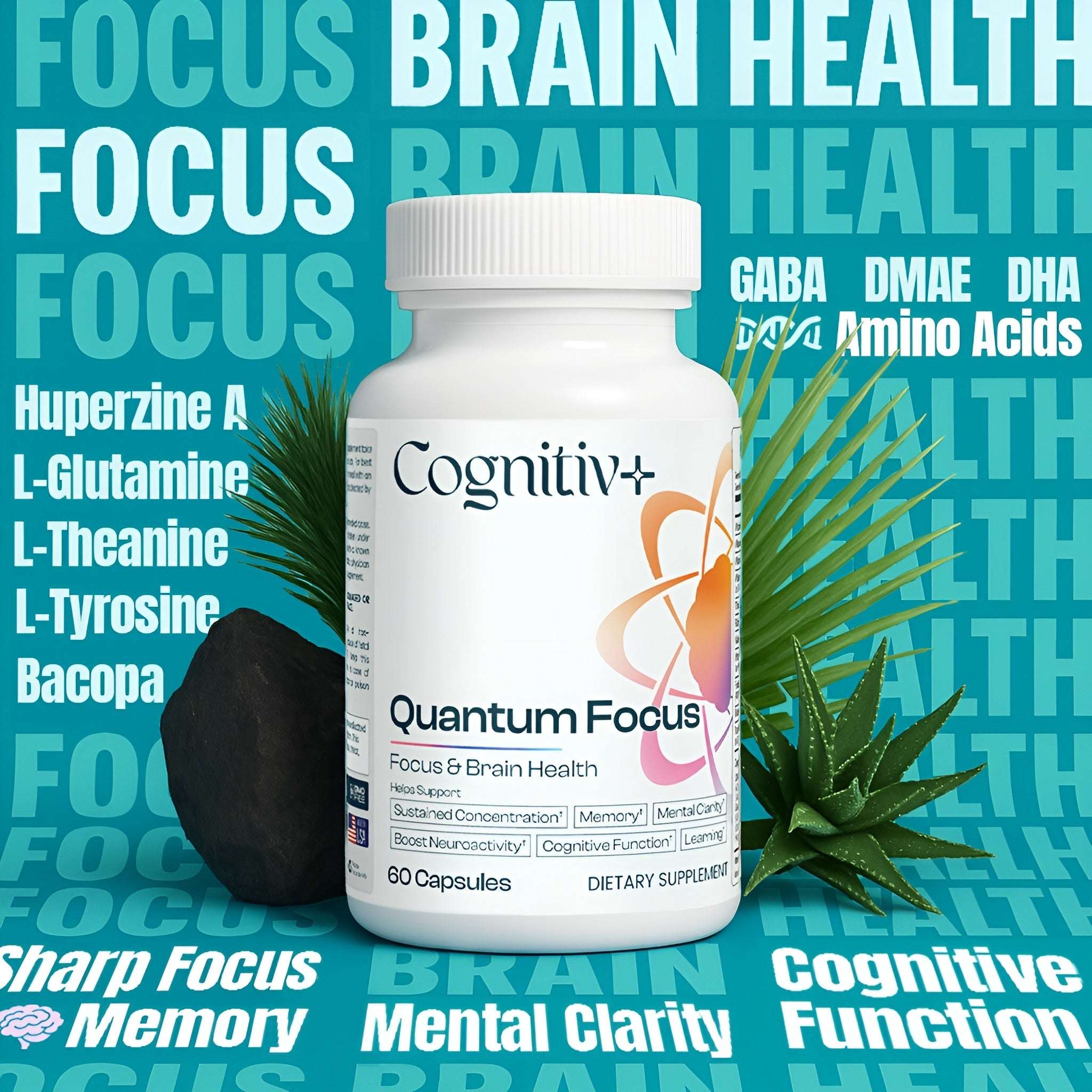 Quantum Focus | Focus, Mental Clarity & Brain Health Nootropic Blend supplement bottle with herbal ingredients and brain health benefits text.
