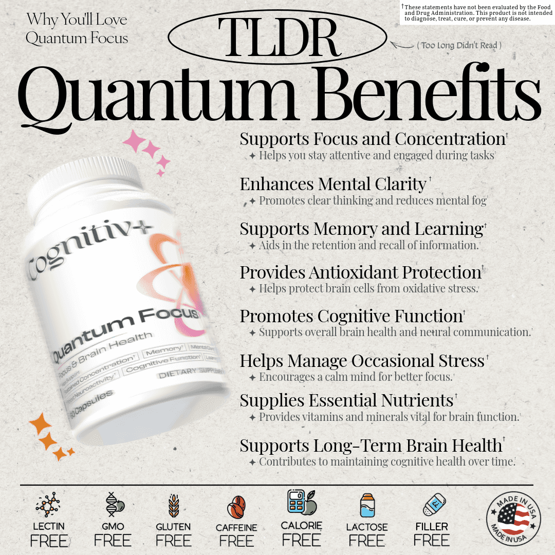Quantum Focus by Cognitiv+ benefits infographic highlighting support for focus, memory, mental clarity, and long-term brain health with natural ingredients.